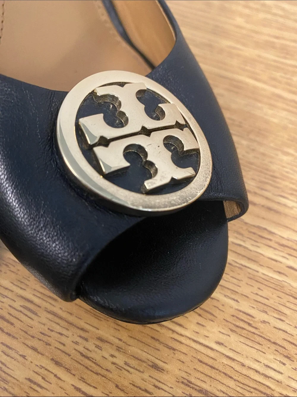 Tory Burch Black Leather Peep-Toe Heels with Gold Logo Medallion
